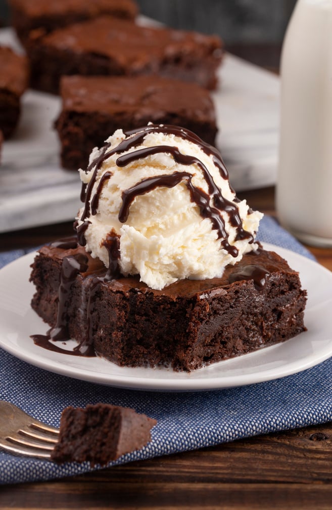 Homemade Double Chocolate Brownies Sundae with Vanilla Ice Cream on Top